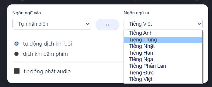 Chọn ngôn ngữ dịch và tuỳ chọn phát audio trong add-on tô chữ dịch nhanh