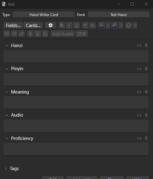 Creating new ai-hao hanzi card with auto-populating fields
