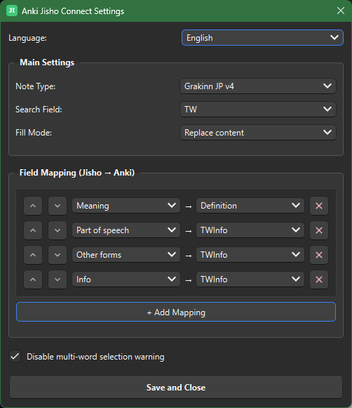 Anki Jisho Connect Settings Window