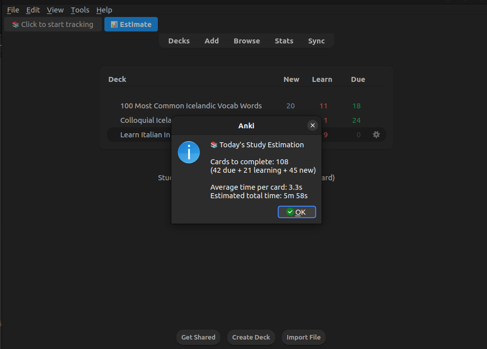 A screenshot of the Anki Completion Time Estimator addon in action
