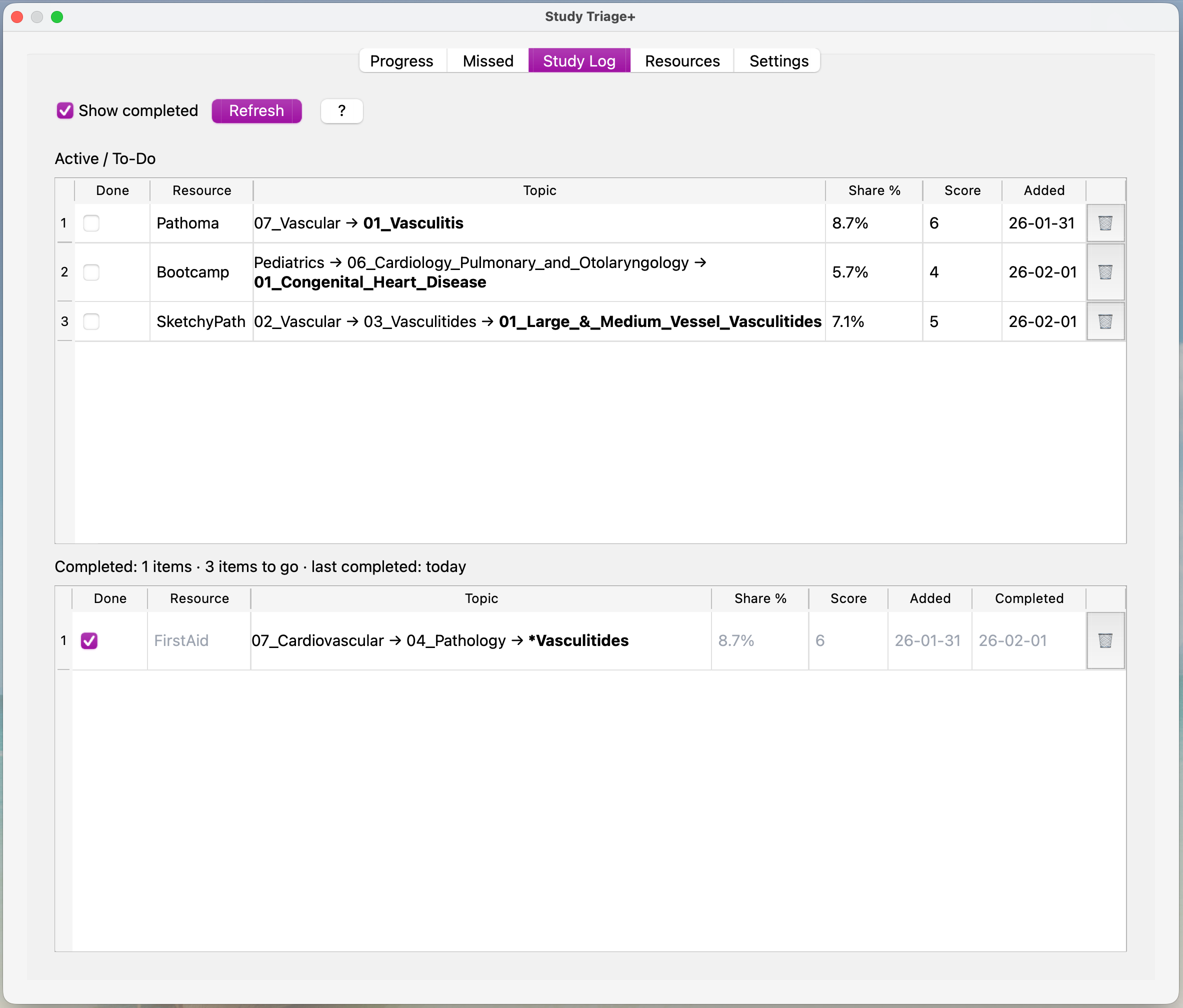 Study Log tab screenshot