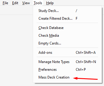 Mass Deck Creation in Tools Menu