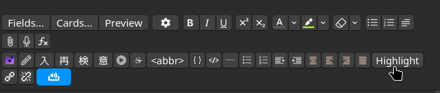 Screenshot of the Anki Editor tools showing Highlight button