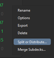 Picture showing the gear icon menu on a deck, with "Split or Distribute..." highlighted.