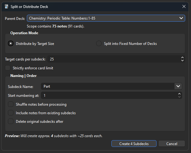 Picture of the "Split or Distribute Deck" window, with notes pointing to the main settings.