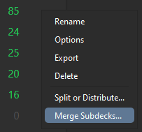 Picture of the gear icon menu, with "Merge Subdecks..." highlighted.
