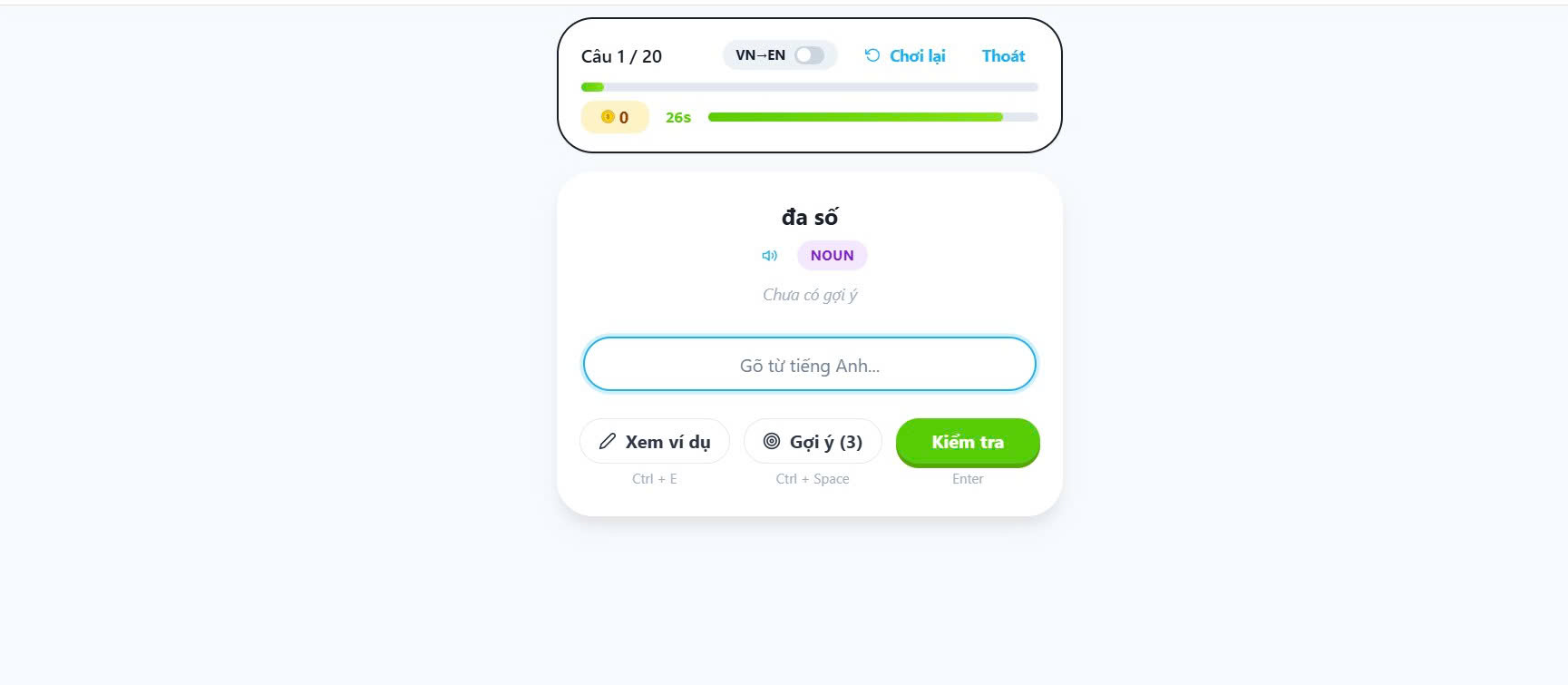 Game gõ từ vựng – nhìn nghĩa tiếng Việt, gõ từ tiếng Anh
