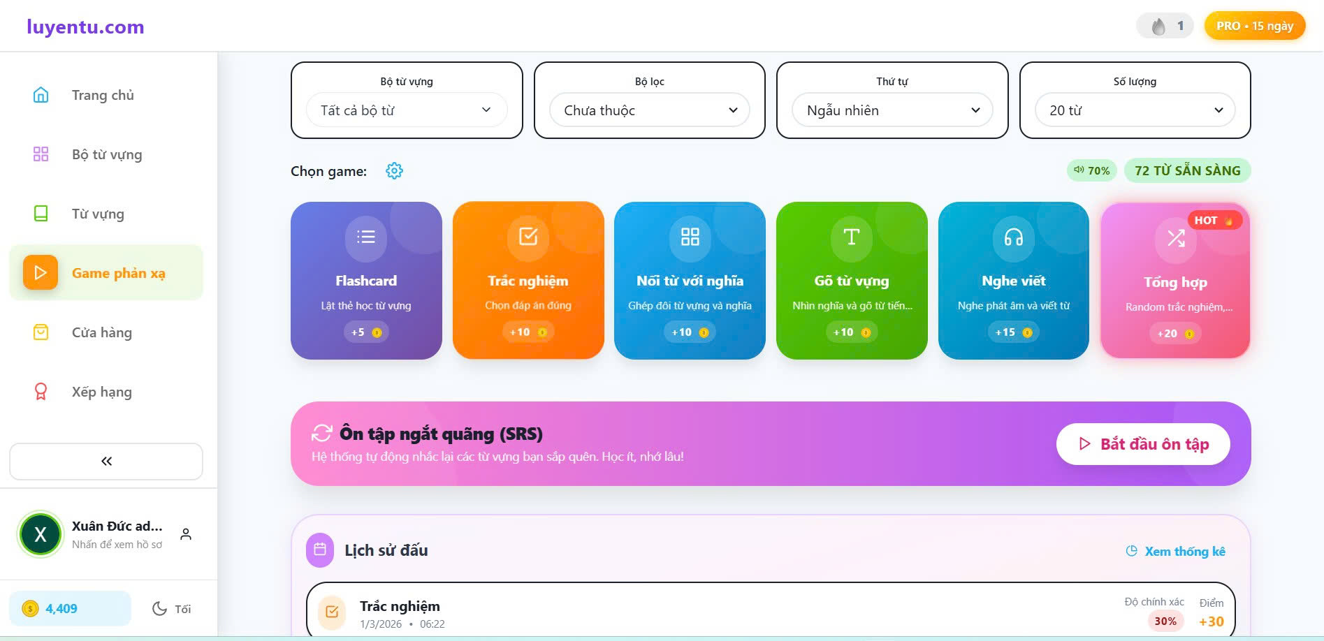 Menu 6 game phản xạ trên Luyentu – Flashcard, Trắc nghiệm, Nối từ, Gõ từ, Nghe viết, Tổng hợp