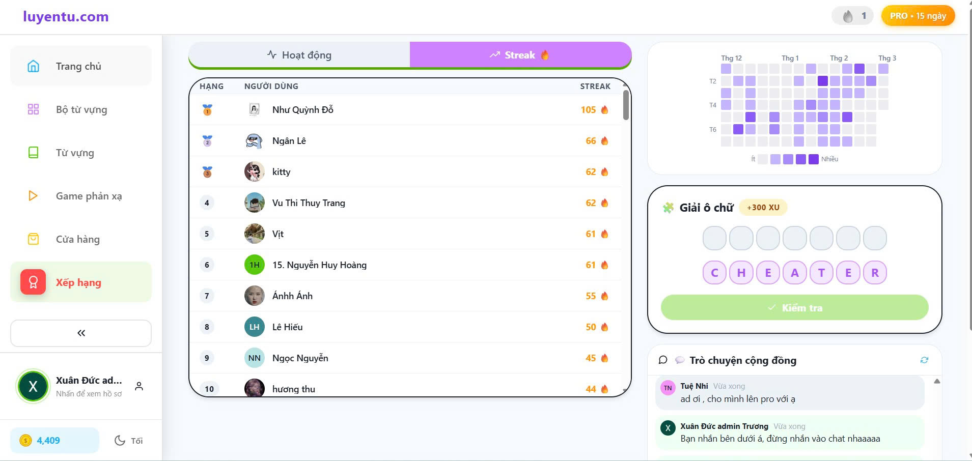 Bảng xếp hạng Streak cộng đồng và game giải ô chữ hàng ngày