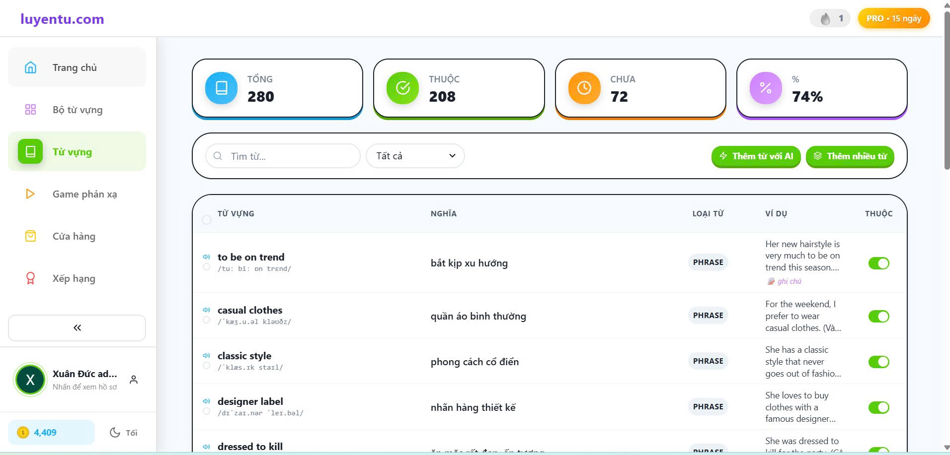 Danh sách từ vựng với IPA, nghĩa và ví dụ