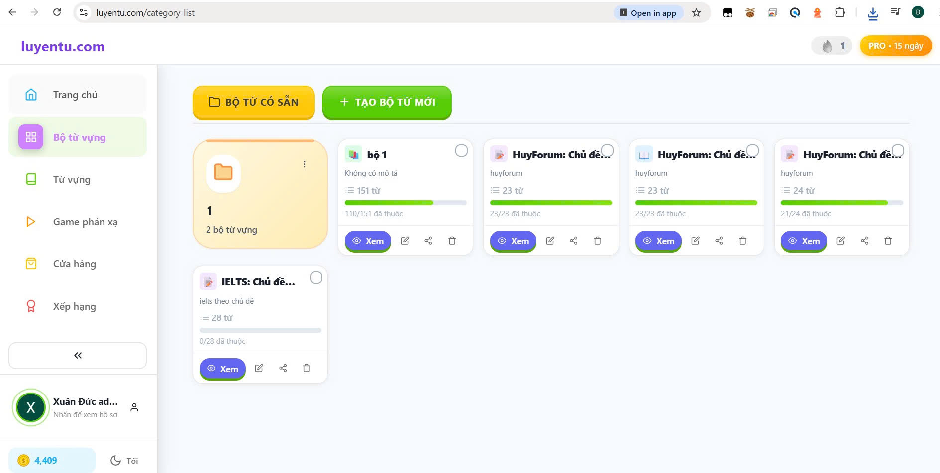 Quản lý bộ từ vựng cá nhân trên Luyentu