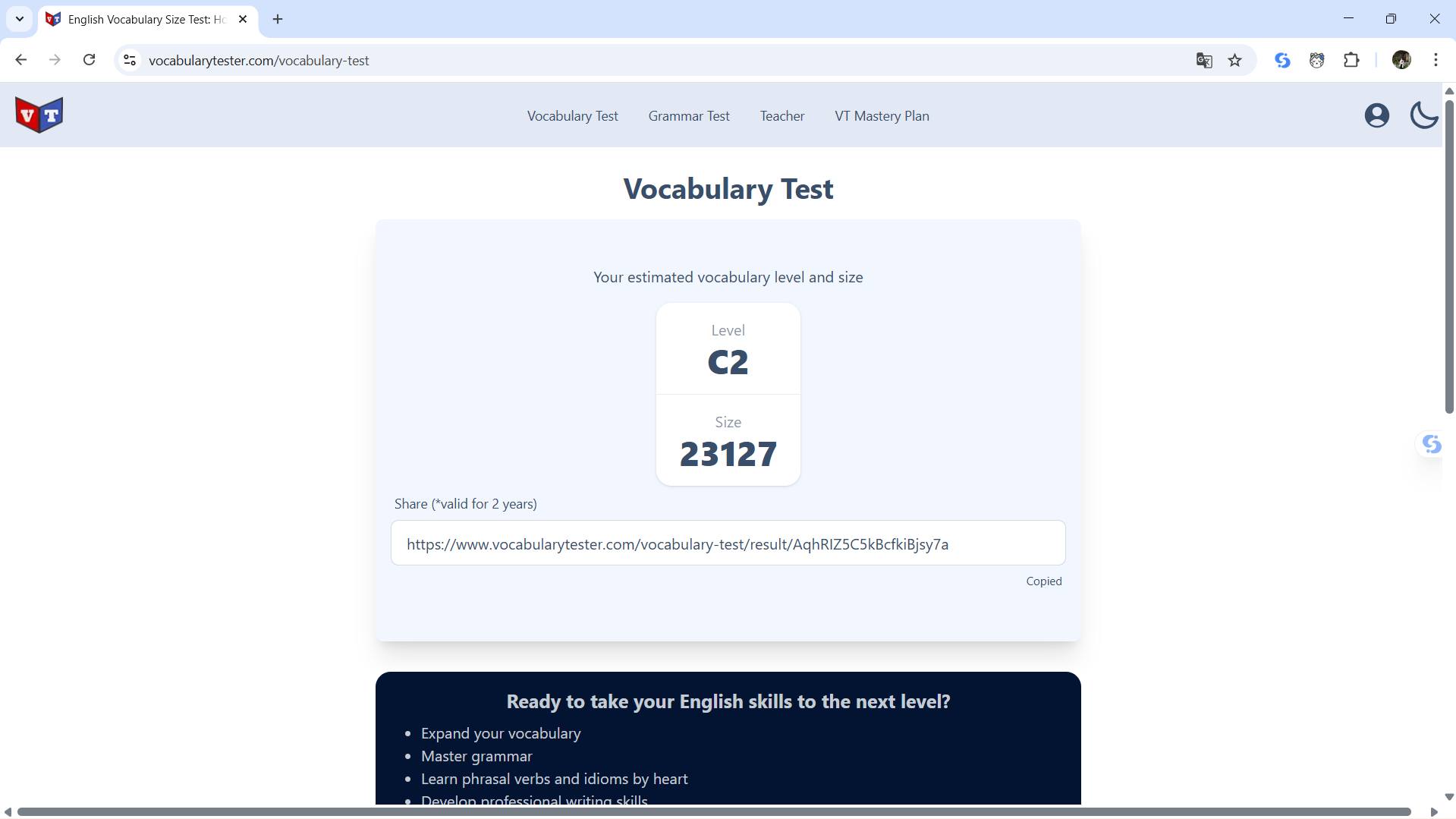 Kết quả test vocabulary – C2 23127 từ