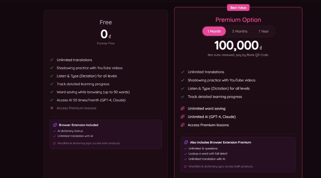 S English pricing - Free vs Premium 1 month