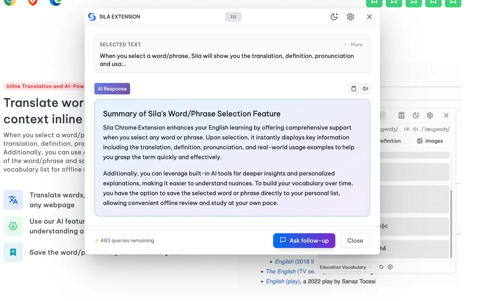 Giao diện dịch thuật của Sila Extension