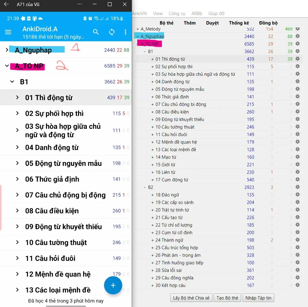 Giao diện chính của bộ deck ngữ pháp THPTQG