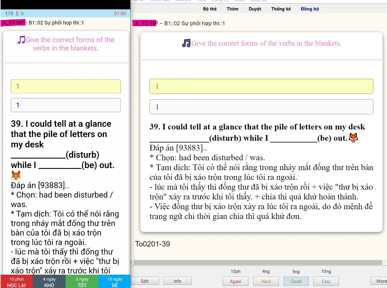 Ví dụ thẻ ngữ pháp với cấu trúc câu