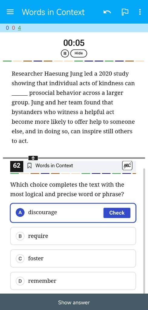 Giao diện mobile: Words in Context + chọn đáp án