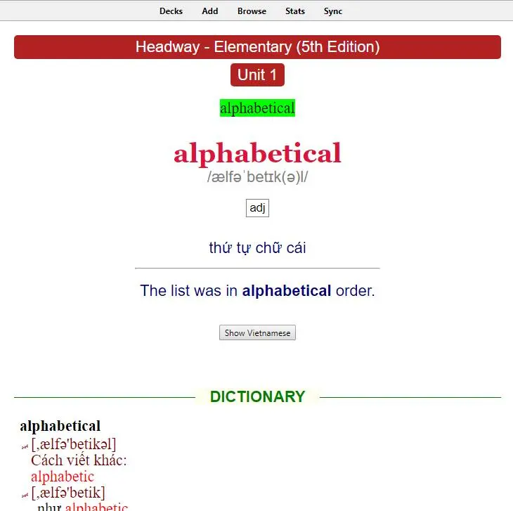 Preview 1 - Giao diện thẻ từ vựng Headway