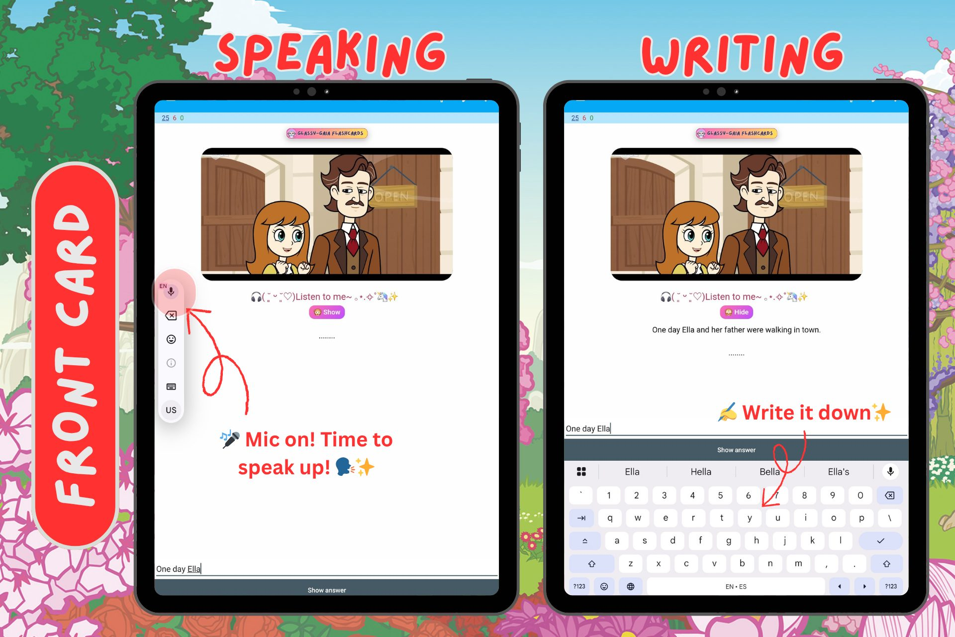 Front card (speaking, writing)