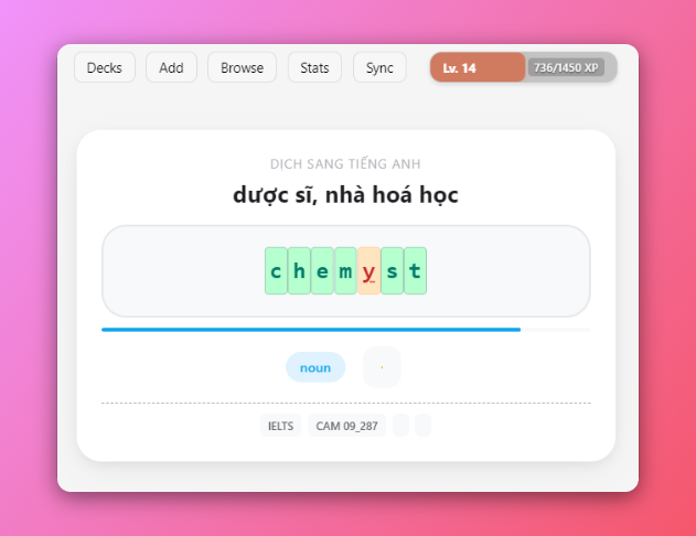 Mặt sau bộ thẻ Anki IELTS Cambridge với âm thanh phát âm và ví dụ câu