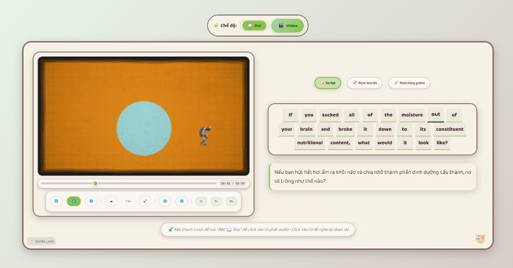 Mặt sau – Tab Script (highlight theo thời gian + dịch Việt)
