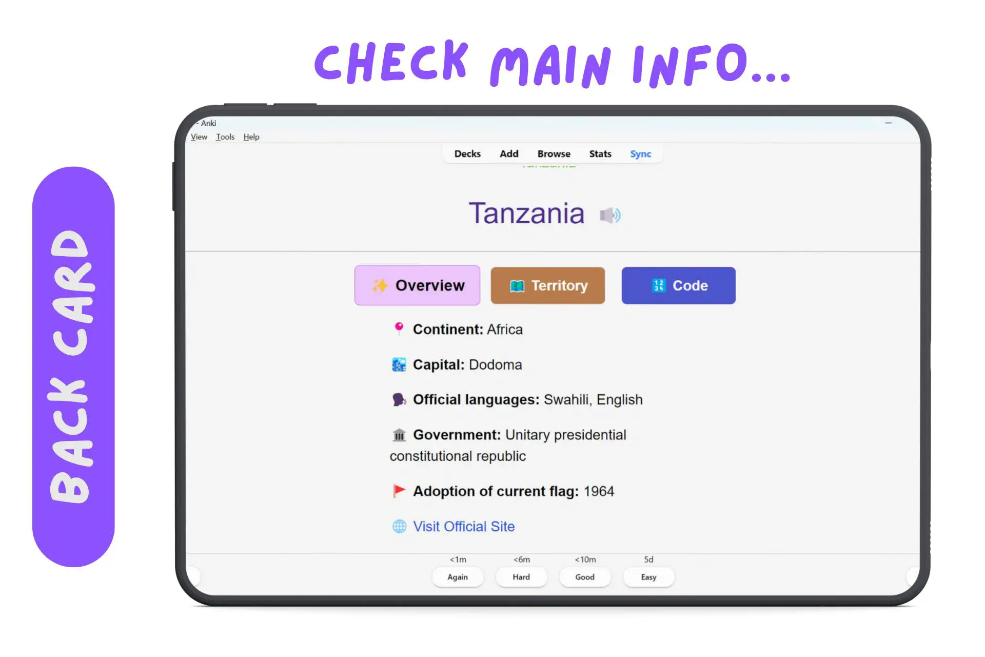 Mặt sau thẻ Anki với thông tin lãnh thổ (Territory)