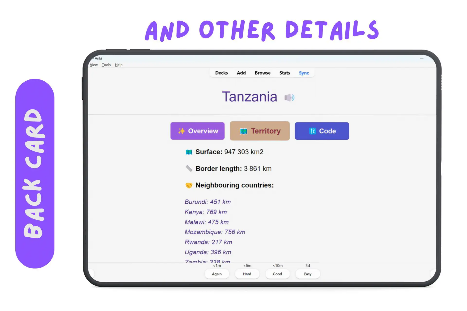 Mặt sau thẻ Anki với thông tin mã quốc gia (Code)