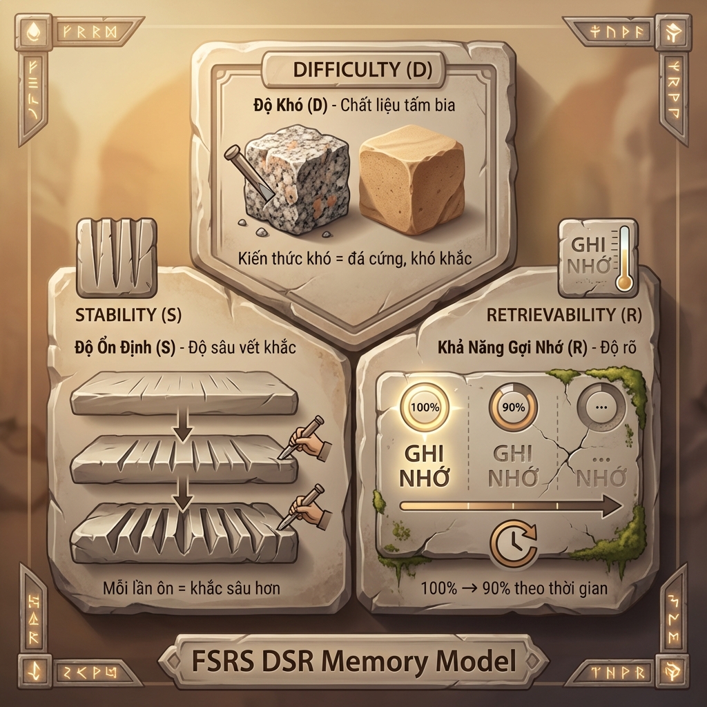 Mô hình DSR của FSRS Anki: Difficulty (độ khó), Stability (độ ổn định), Retrievability (khả năng gợi nhớ) - Ba thành phần trí nhớ trong thuật toán spaced repetition
