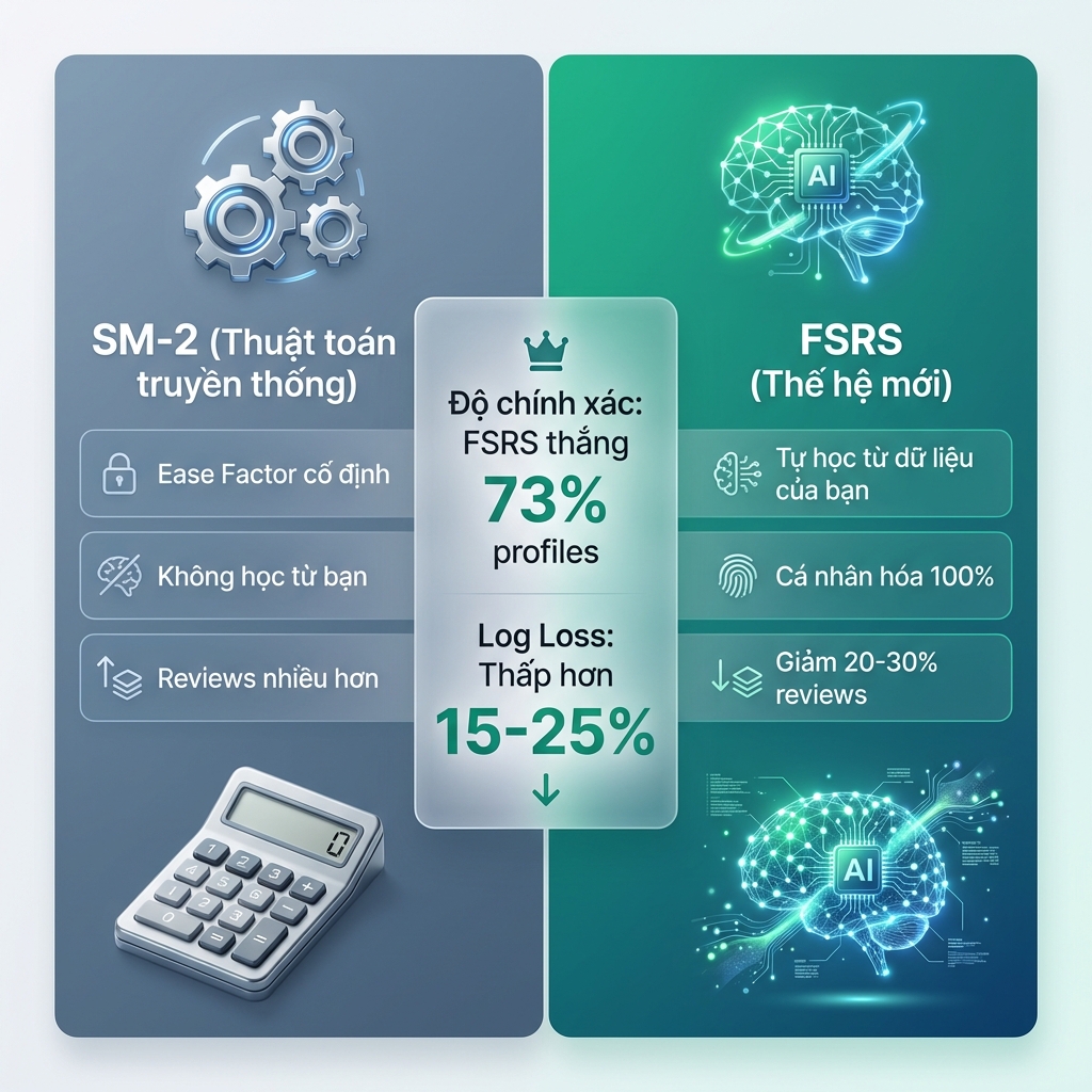 So sánh FSRS Anki vs SM-2: Thuật toán spaced repetition mới vs cũ - FSRS chính xác hơn 15-25% và giảm 20-30% reviews